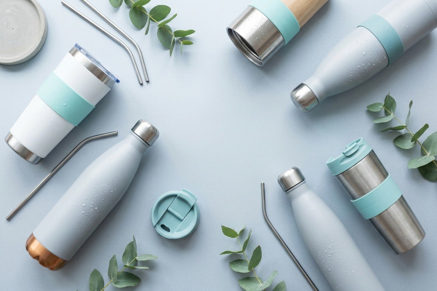 A flat-lay of stainless hydration gear